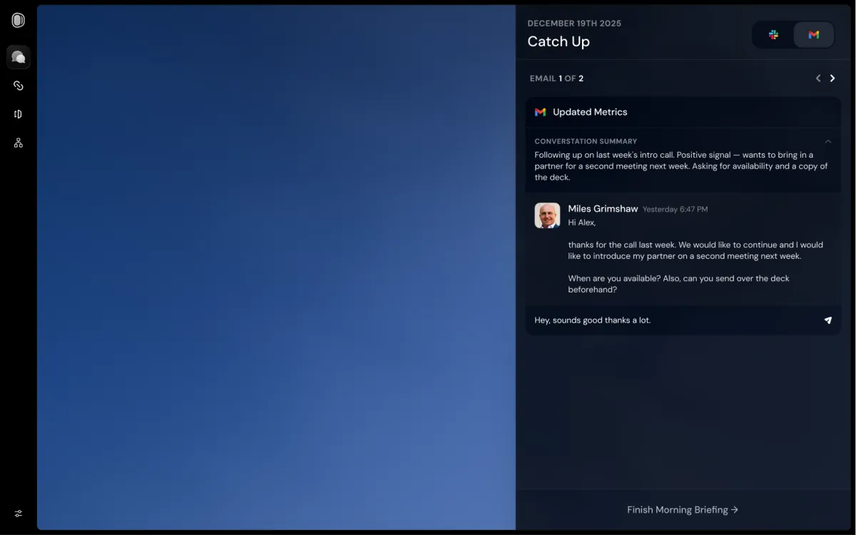 A Dimension catch-up view with a drafted email response