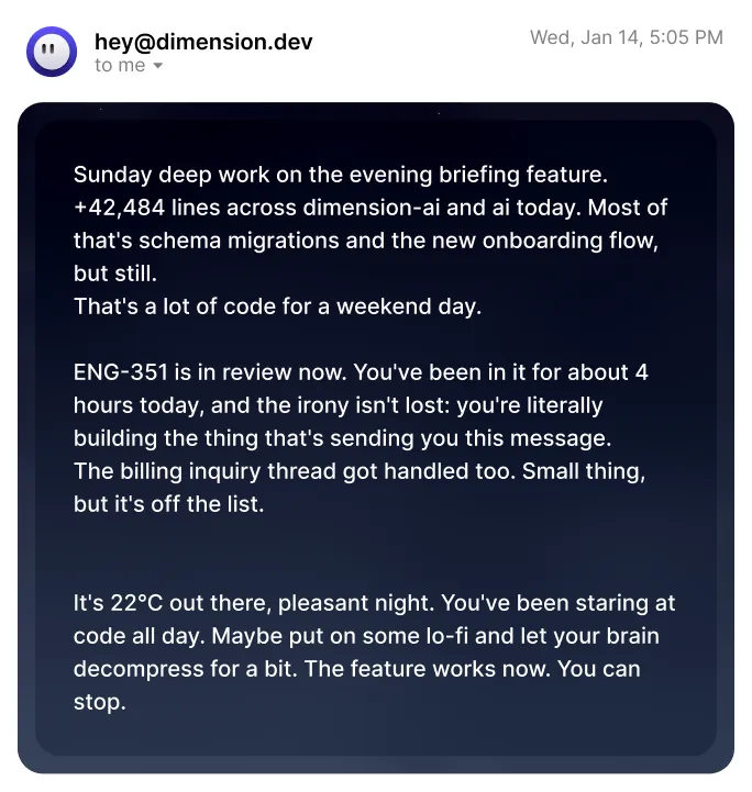 An end-of-day Dimension recap and task summary