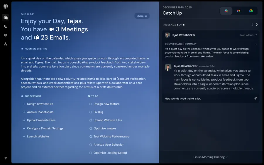 A Dimension morning briefing summarizing meetings, messages, and suggested tasks